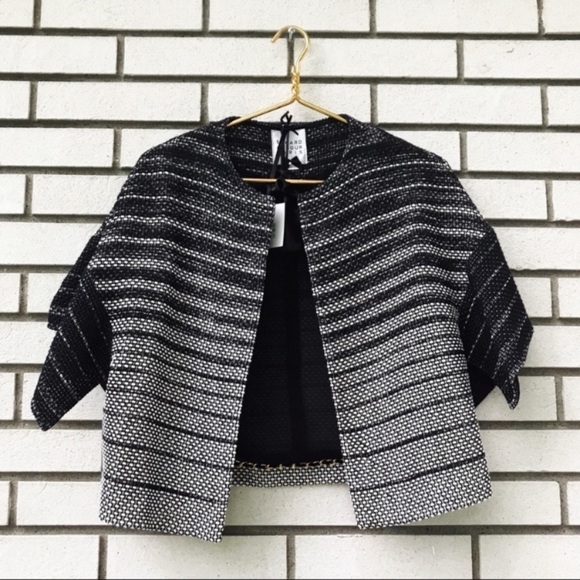 NWT Edward Achour Paris Black White Textured Woven Swing Jacket 4 Chain Detail - Picture 1 of 8
